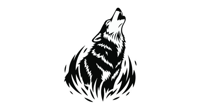 Wolf howling at the moon is depicted in a bold black and white graphic illustration.