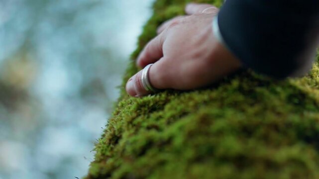 Close Up Hand Touching Mossy Tree Bark Slow Motion