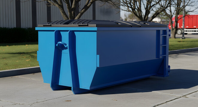 Blue commercial waste container on sidewalk | roll-off dumpster for construction debris | industrial trash disposal bin outdoors | waste management services