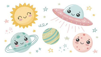 Fototapeta premium Cute space set with smiling sun, planet with rings, pink planet, and ufo spaceship, cartoon vector illustration