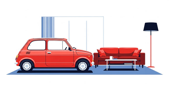 Red vintage car parked inside a modern living room with sofa.