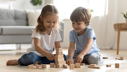 Dos niños jugando con bloques de madera en casa en un ambiente luminoso de aprendizaje y creatividad © EBG Stock Studio