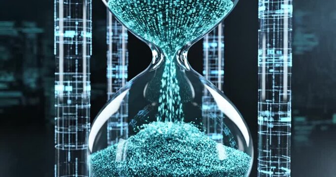 Digital hourglass with flowing blue particles, set against a futuristic tech background