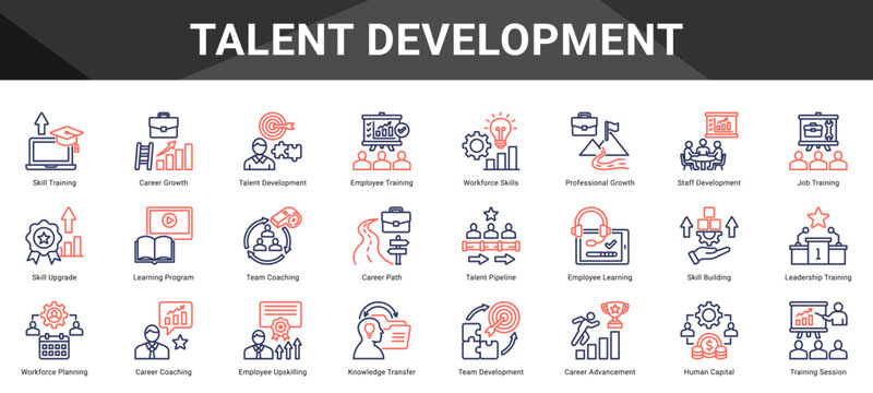 TALENT DEVELOPMENT  Icon set collection. Vector icon pack featuring thematic icons for your presentations or business.
