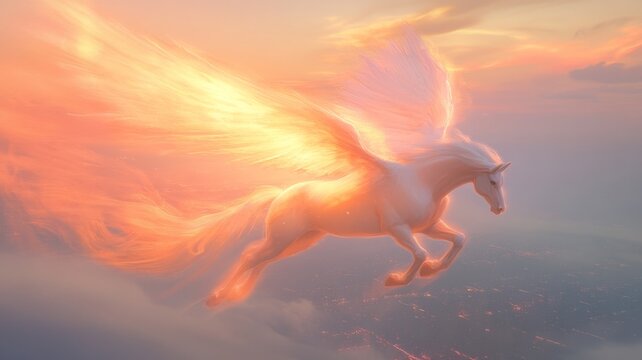 Mythical pegasus soaring through majestic sunset clouds