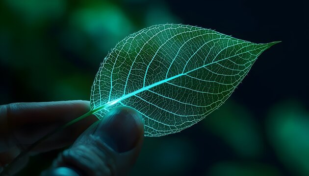 Concept of future biotechnology featuring a glowing leaf skeleton with fiber optic veins, innovation.