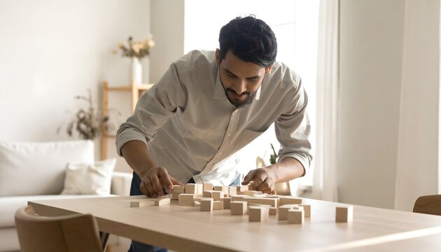 Hombre trabajando con piezas de madera en un taller luminoso de carpinter&iacute;a y dise&ntilde;o artesanal