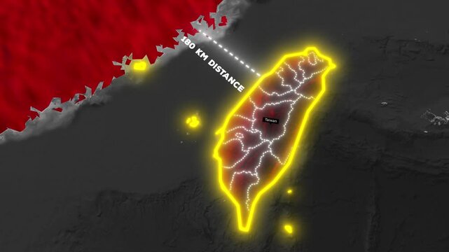 China and Taiwan Map Animation with 180km Distance Measurement, Geopolitical 4K Motion Graphic