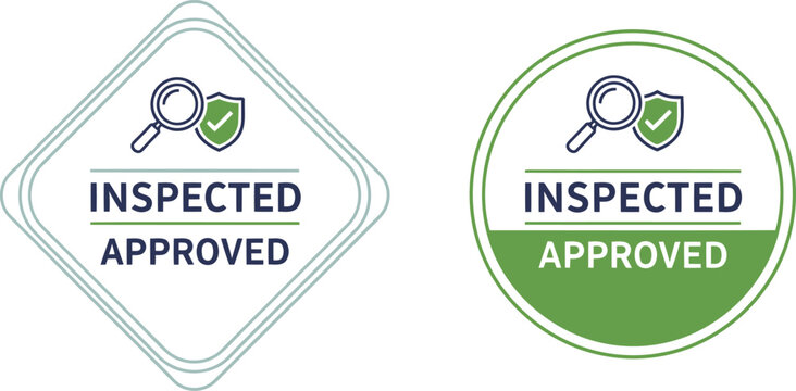 Inspected Approved Badge Icons with Magnifying Glass and Shield for Quality Control and Certification Labels