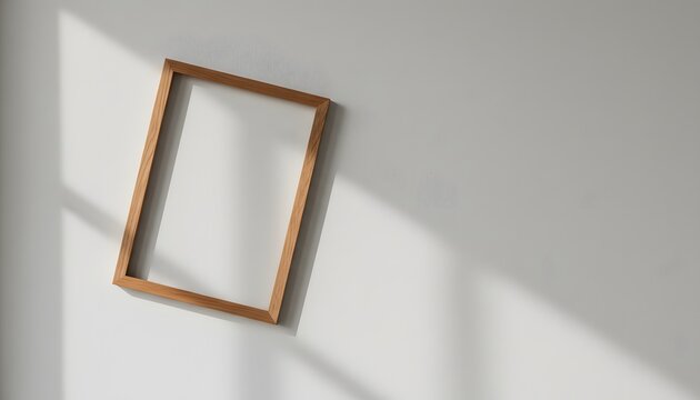 Minimalist wooden crooked frame hanging on wall with soft window sunlight shadows for artistic imperfection interior design concept