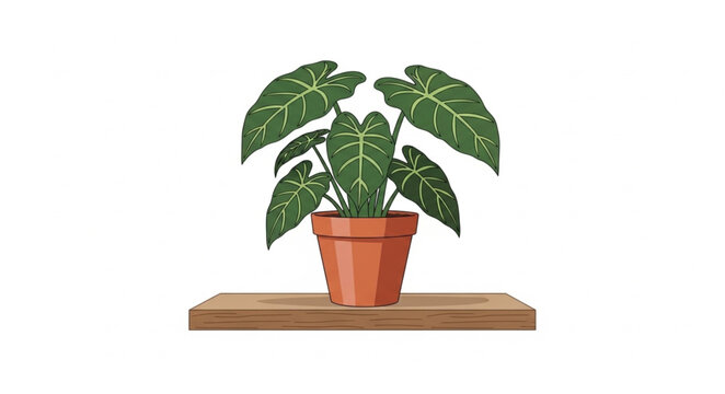 Potted Elephant Ear Plant on Wooden Shelf.