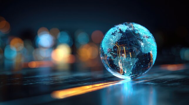Digital Globe with Glowing Network Lines on Futuristic Background.