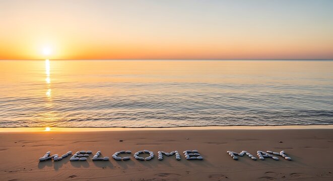 welcome home message written in sand at golden hour beach sunset