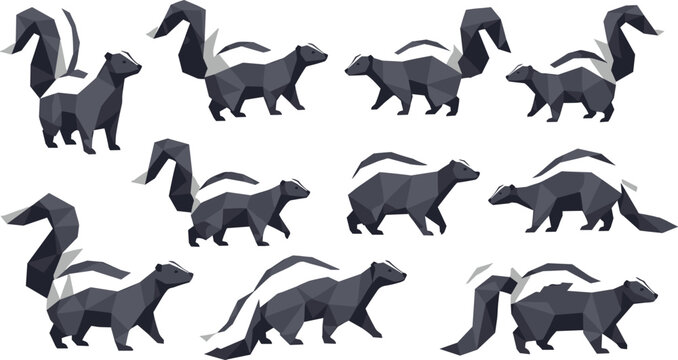Low Poly Geometric Skunk Wild Animal Different Poses Dark Gray Vector Illustration Set