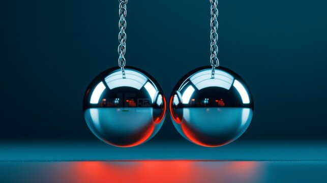 Two shiny metallic spheres hang side by side, reflecting their surroundings against a dark blue background with subtle red lighting beneath them.