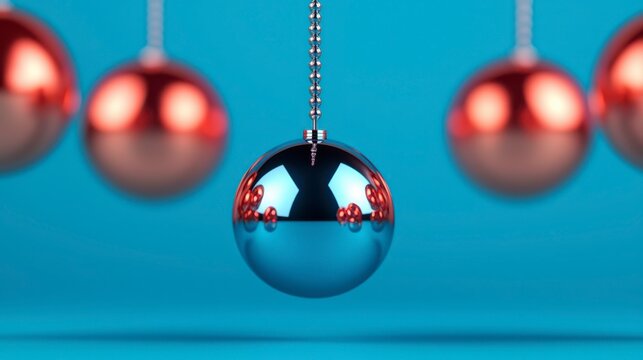 A close-up of a Newton's cradle with metallic spheres suspended, demonstrating the principles of motion and energy transfer against a blue background.