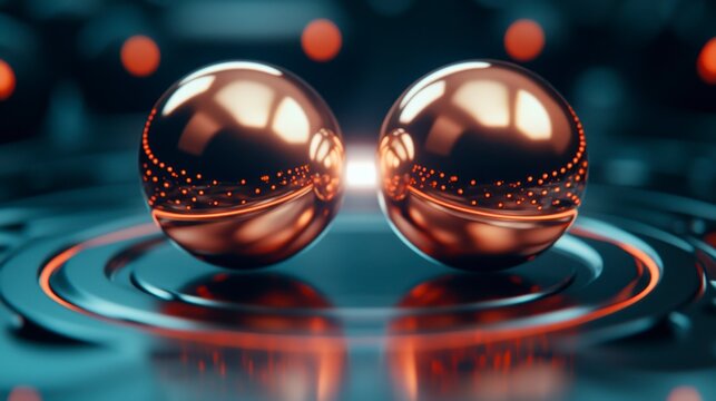 Two shiny copper spheres hover above a reflective surface with glowing orange dots and lines in a futuristic, high-tech setting.