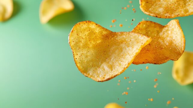 Crispy potato chips sprinkled with seasoning flakes floating against a green background.