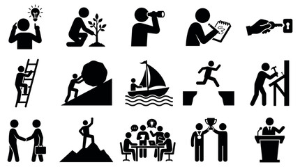 Obraz premium Collection of simple black vector graphic illustrations representing business concepts, growth, achievement, and teamwork