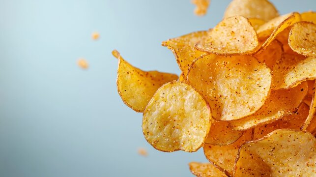 Crispy, seasoned potato chips floating against a light blue background, highlighting their crunchy texture and golden color.