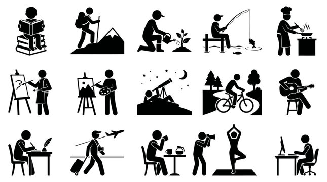 This vector graphic illustration features a diverse collection of silhouette stick figures engaged in various popular hobbies, leisure, and everyday activities.