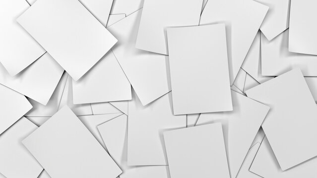 Background of scattered blank white sheets of paper. 3d illustration