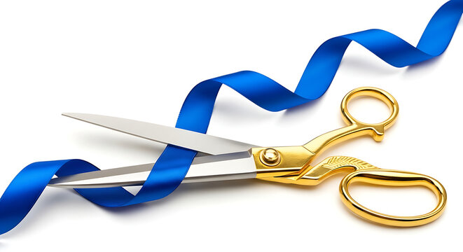 Sharp gold scissors cutting a blue silk ribbon on a white background with scissors ceremony celebration isolated background achievement business decoration