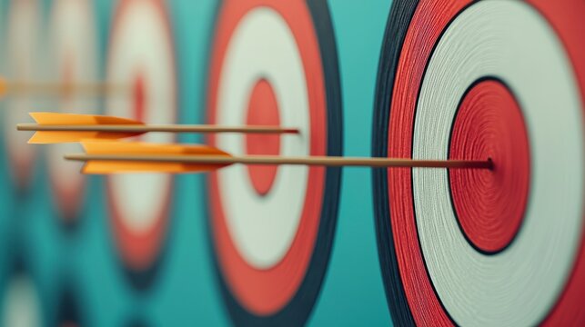 A close-up image of three arrows hitting the bullseye of a red and white archery target.