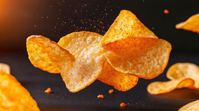 Close-up of seasoned potato chips floating mid-air with spices sprinkled around, highlighting their crispy texture and vibrant golden color.