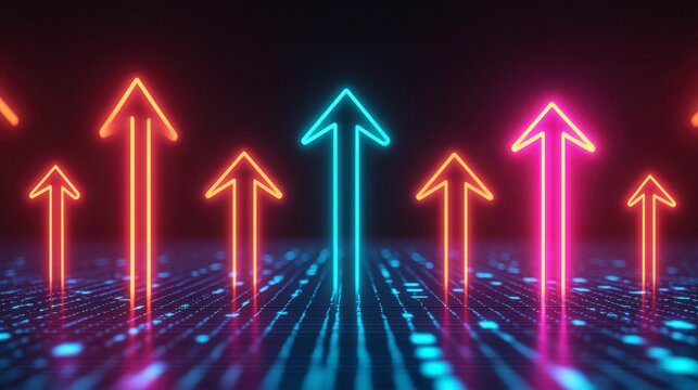 Neon arrows in multiple colors pointing upward above a digital grid, symbolizing growth, progress, and technology.