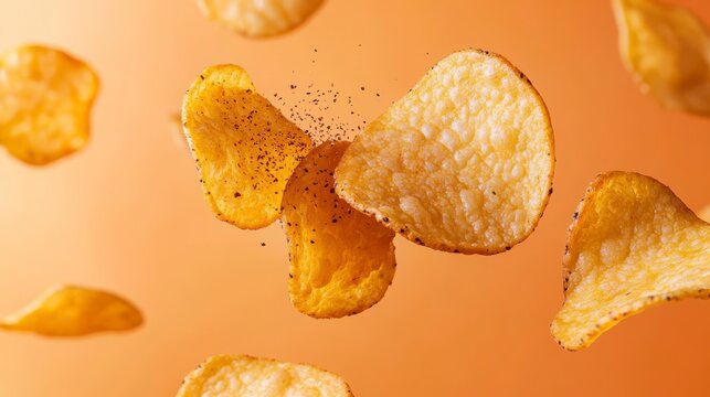 Crisp potato chips sprinkled with black pepper floating against an orange background.