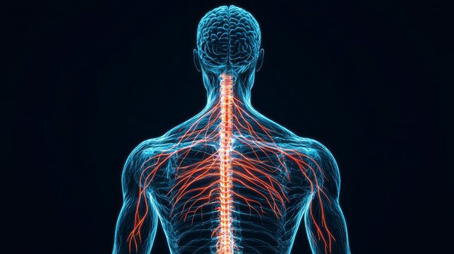 Digital illustration of the human nervous system highlighting the brain, spinal cord, and peripheral nerves in a glowing blue and orange scheme.