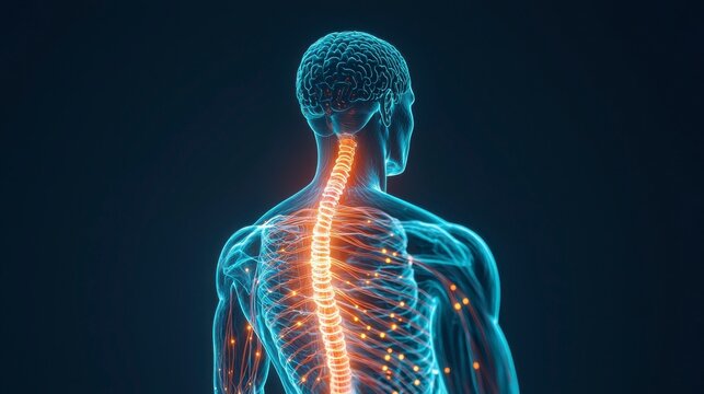Digital illustration of a human nervous system highlighting the brain, spinal cord, and nerve pathways glowing in blue and orange.