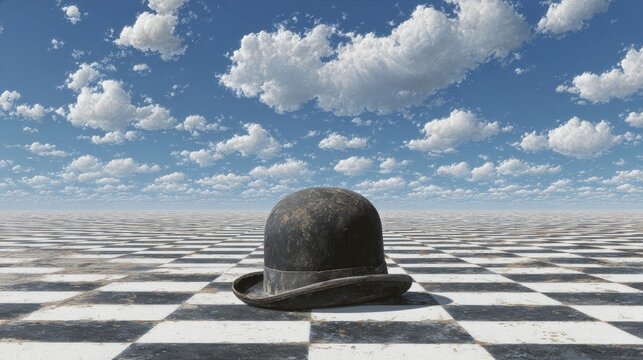 Surreal bowler hat on a checkered floor under a cloudy sky.