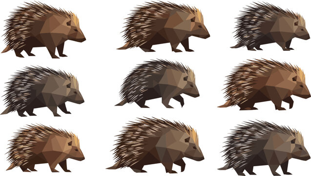 Low Poly Geometric Porcupine Wild Animal Walking Pose Brown Tone Vector Illustration Set