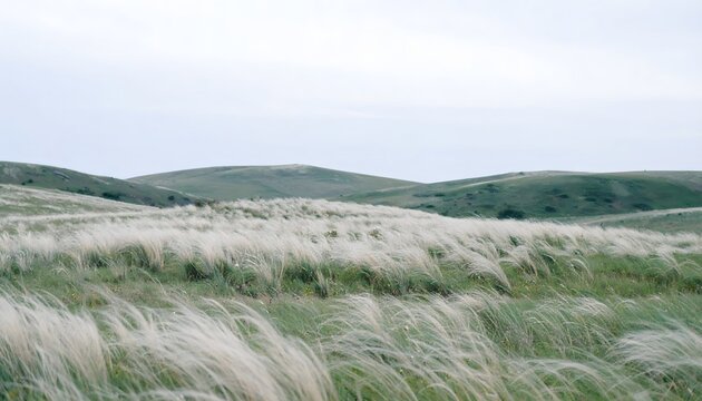 Paisaje de pradera con hierba alta movida por el viento y colinas suaves bajo cielo nublado