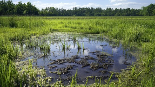 Abstract patterns of agricultural runoff creating murky, polluted water in a vibrant marshland ecosystem under daylight