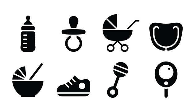 Baby essentials icon set bottles pacifiers strollers and more