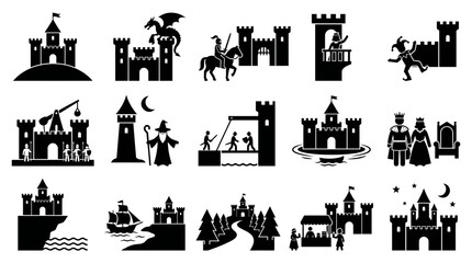 Fototapeta premium Collection of medieval fantasy castle illustrations featuring dragons, knights, royalty, and various architectural styles, perfect for storybook design