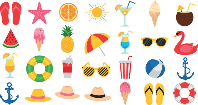 Set of 24 Summer Vacation Icons Featuring Flip Flops, Pineapple, Drinks, Ice Cream, and Beach Accessories, Perfect for Travel and Leisure Designs