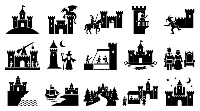 Collection of medieval fantasy castle illustrations featuring dragons, knights, royalty, and various architectural styles, perfect for storybook design