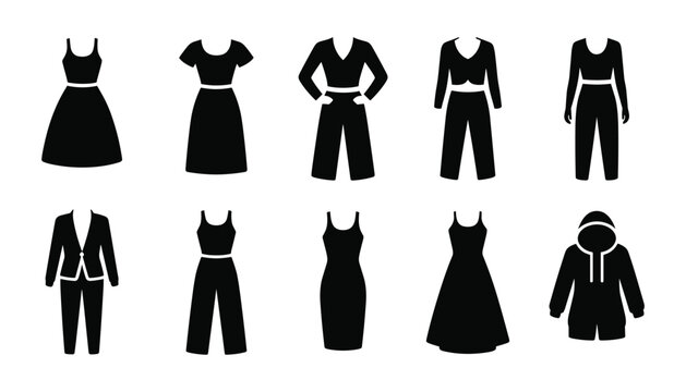 Black silhouette collection of women's fashion outfits and garments