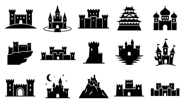 Collection of diverse medieval and fantasy castle vector illustrations showcasing architectural styles and defensive structures for graphic design purposes