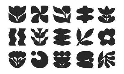 Obraz premium Monochrome botanical forms,modular floral elements and organic shapes.Bold nature silhouettes with subtle grungy texture.Black and white flowers,leaves,abstract plant motifs for logos,branding,prints