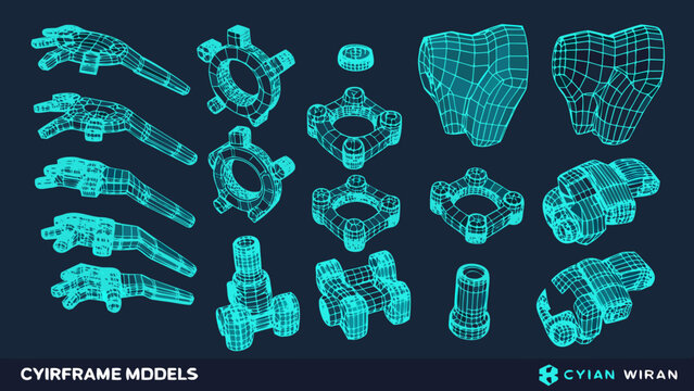 cyan wireframe hands and robotic parts collection 3d render isolated on dark blue