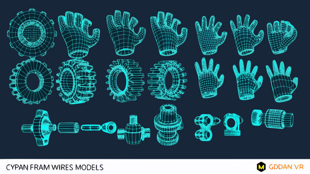 cyan wireframe hands and mechanical parts collection 3d render illustration