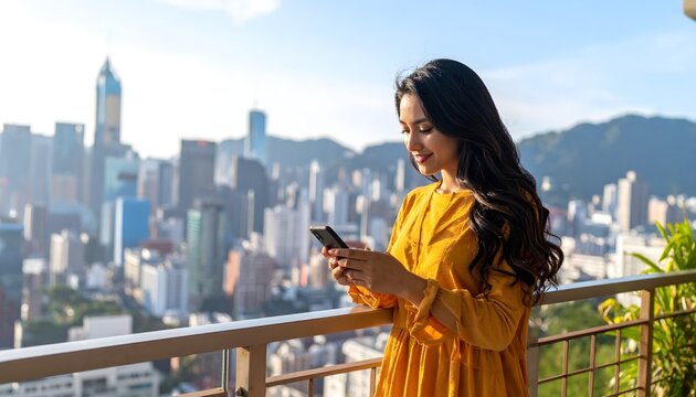Mujer joven usando el m&oacute;vil en una terraza urbana con vistas a la ciudad durante un d&iacute;a soleado