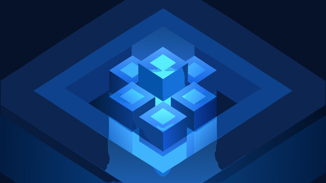 glowing blue cubes in a stacked geometric arrangement 3d render