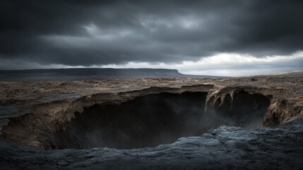 Fototapeta premium Dramatic eroded soil and barren landscape with deep chasm under overcast sky