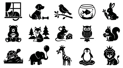 Obraz premium Simple black vector graphic set showcasing various cute animals including mammals birds and reptiles designed for creative projects requiring high quality icon elements